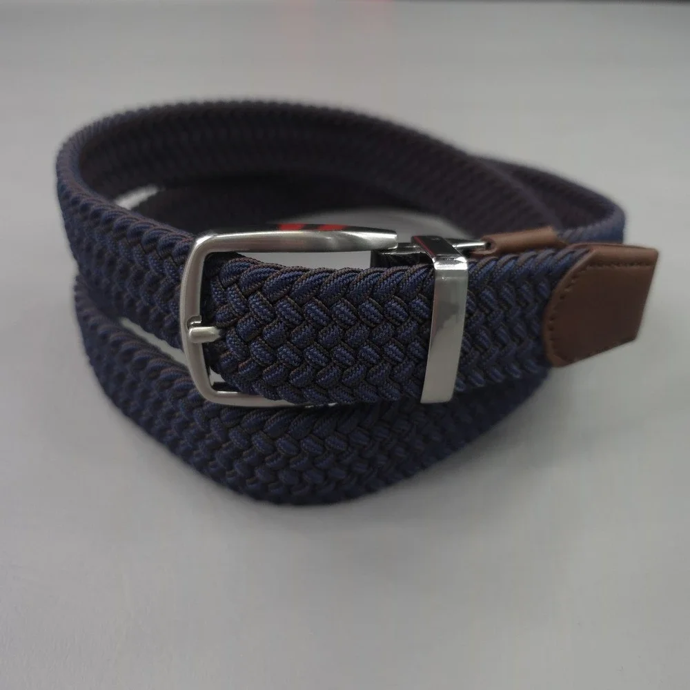Tommy Bahama Belt Mens 38-42 Blue Braided Stretch Web Leather Trim Silver Buckle